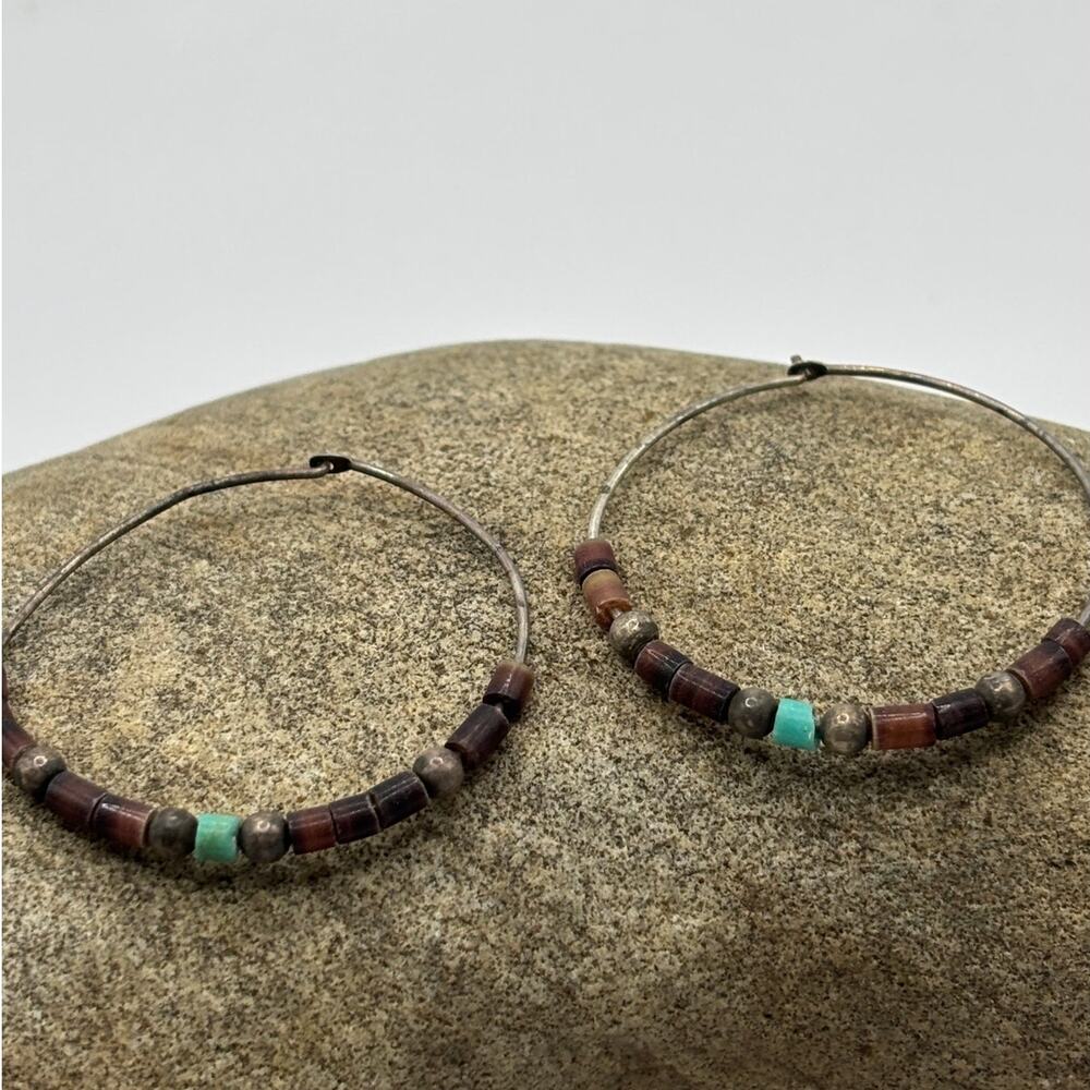 Vintage Hoop Earrings - Brown Beads & Turquoise Bead Accent